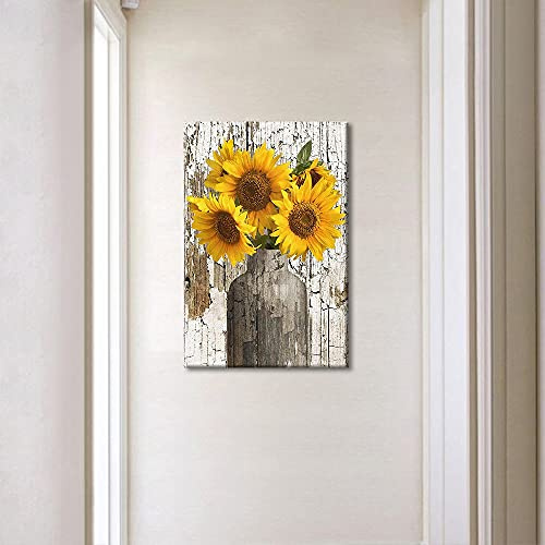 TISHIRON Rustic Yellow Sunflower in Vase Farmhouse Cottage Countryside 18x12 Canvas Wall Art Prints Framed Picture Photo Painting Home Decor Ready to Hang