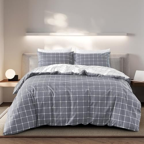 KEAYOO Bettwäsche 135x200 cm Baumwolle Grau Kariert Muster Aesthetic Design Wendebettwäsche mit Reisverschluss Weiche Stoffqualität für Sommer bis Winter (C, 135x200cm+80x80cm 4tlg)