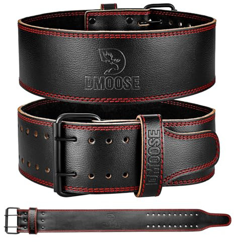 DMoose weightlifting belts for men Genuine Leather for Men and Women, 4 Inch Wide, Adjustable Buckle, 5MM Thick for Weightlifting, Workout, Gym, Squat, Deadlift, Great Lower Back Support (Black/Red L)