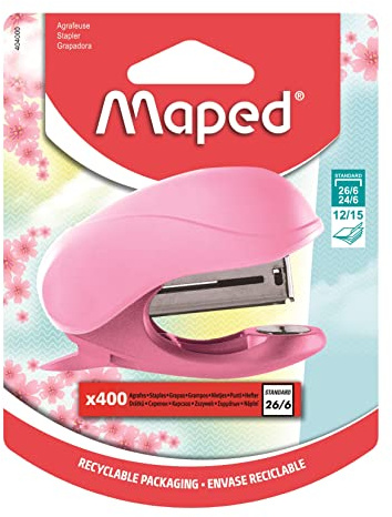 Maped - Grapadora Mini Vivo Rose Pastel + 400 grapas 26/6 - Cuerpo de material reciclado, con extractores incorporados - Compatible con grapas 24/6 y 26/6 - Conecta hasta 15 hojas