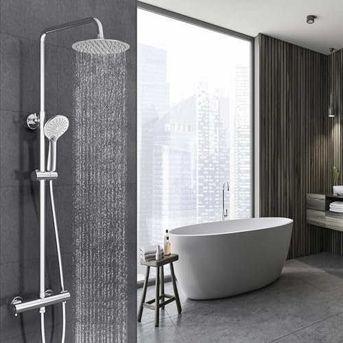 OCEAN ITALY Colonna Doccia Con Miscelatore Termostatico, Set Doccia con Soffione Rotondo in Acciaio INOX, Asta Saliscendi Doccia Regolabile