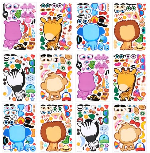 JOYIN 24PCS 9x6 Make a face Stickers for Kids, Make Your Own Safari Animal Stickers, Jungle Party Favors Kids Crafts, Goodie Bags Stuffers, Classroom Rewards