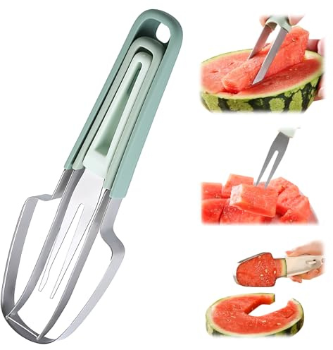 Rostfritt stål vattenmelon gaffelskärare, fruktskivare, vattenmelonskärare, vattenmelonskivare, äppelskärare, vattenmelonskärare verktyg, fruktkniv, fruktskärare, äppelskärare (vattenmelon 3 i 1)