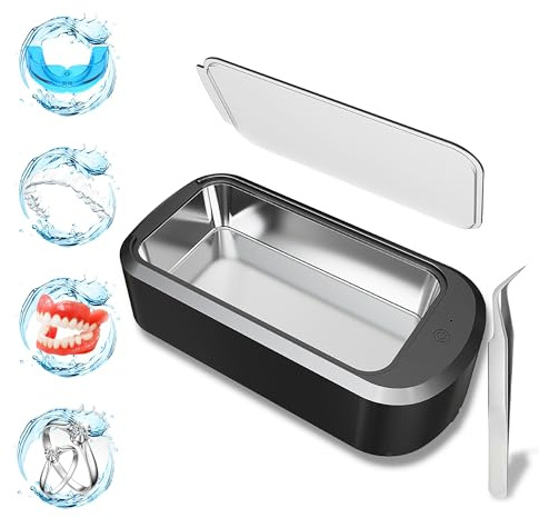 YINPAD Ultrasonic Retainer Cleaner Machine,48 kHz Ultrasonic Cleaner,600ML Portable Ultrasonic Cleaner for Braces, Mouth Guards, Aligner, Toothbrush, Eyeglasses, Jewelry(Black)