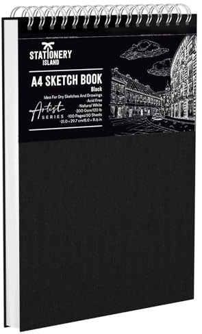 STATIONERY ISLAND Skizzenbuch A4 200 g/m² Zeichenblock 100 Seiten (50 Blatt) Spiralgebundenes Skizzenblock Zeichenpapier Zeichnungen, Skizzen für Künstler und Profis