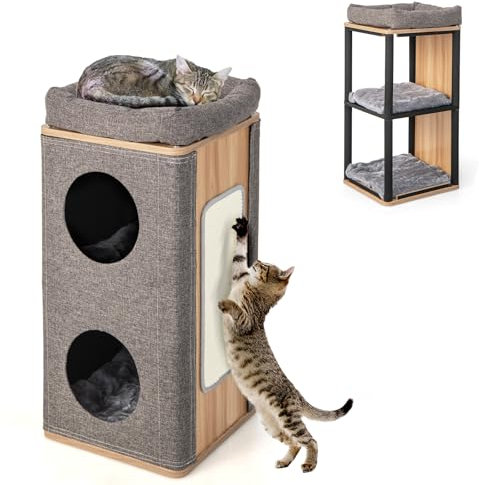 SOARS Kratztonne 3-stöckig, kratzbaum mit Kratzbrett, 2 Katzenhöhle & Katzenbett, Katzenhaus mit Abnehmbarer Abdeckung & Kissen, Kratzturm Katzenkratzbaum Katzenmöbel