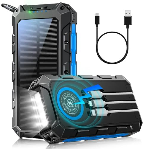 Cargador Solar 26800mAh, 22.5W PD 3.0A USB C Carga Rápida Bateria Externa con 3 Cables, 7 Input & 2 Output, 15W Carga inalámbrica, Luces indicadoras LED, Linterna, Cargador Portátil para Teléfono