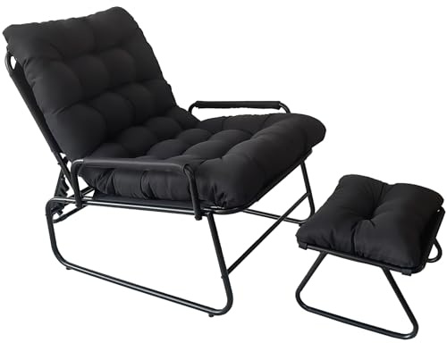DELONGKE Chaise Longue Inclinable avec Repose-Pieds, Chaise Relax de Jardin, Fonction D'inclinaison à 4 Positions, Coussin Amovible avec Repose, Chaise Longue Détente pour Jardin, Terrasse (Noir)