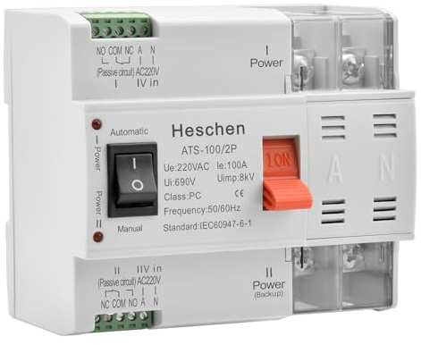 Heschen ATS - Interruttore automatico a doppia corrente ATS-100 2P 100A, 220 VAC, 8 kV, classe PC, automatico/manuale, per commutazione circuiti