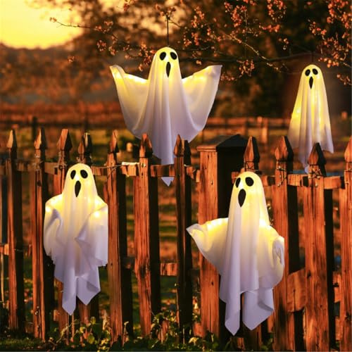 4PCS Hanging Ghost Decorations, Cute & Spooky Halloween Lights Up Ghost, Adjustable Arms, with Led Lights, Halloween Outdoor Spooky Decorations for Yard Tree Lawn Garden Party (White)
