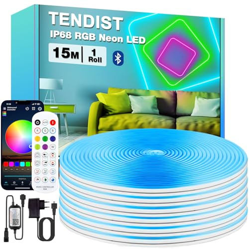 TENDIST 15M RVB Ruban LED Neon, IP68 Ruban LED Exterieur Etanche Bluetooth avec Smart App et Télécommande, 24V Flexible Néon Bande Musique Sync pour Jardin, Balcon, Terrasse (1 * 15M)