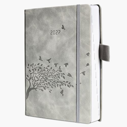 Agenda 2027 Journalier une Page par Jour A5, Planificateur Quotidien avec Marquage Mensuel, Pages Notes, Poche Arrière, Porte-stylo, Signet ruban 2, Couverture Rigide en PU Cuir, Jan à Déc 2027