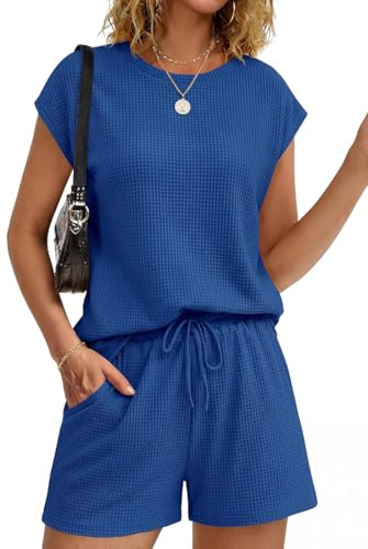 OLIPHEE Chándal Mujer Conjunto Mujer Chic y Elegante Waffle 2 Piezas Camiseta Manga Corta y Pantalones Cortos Conjunto Deportivo Mujers Casual Vacacione Trabajo Verano Azul S (s)