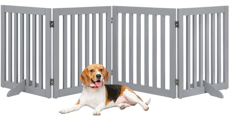 unipaws Freestanding Pet Gate, Folding Wooden Dog Gate, Indoor Barrier with 2PCS Support Feet (61cm Height, 4 Panels) Light Grey