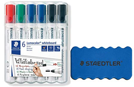 Staedtler Lumocolor 351 WP6 X Whiteboard-Marker (Rundspitze ca. 2 mm Linienbreite, Set mit 6 Markern, Hohe Qualität, trocken und rückstandsfrei abwischbar von Whiteboards) (Stifte + Original Löscher)