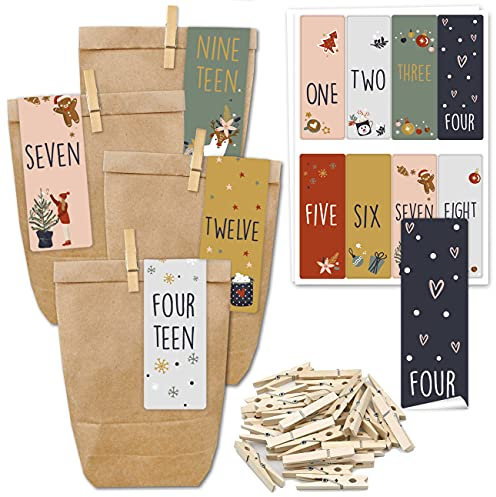 Calendario dell'Avvento da riempire - 24 sacchetti regalo e 24 numeri adesivi e clip - motivo inglese - da riempire e creare - Natale - Mini Set No. 272