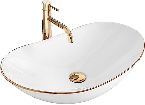 Rea Waschbecken Waschtisch Aufsatzwaschbecken Keramik Handwaschbecken Aufsatz Waschschale Oval Weiß Goldene Kante 36x62 Badezimmer