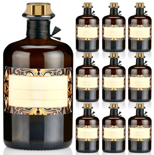 9x Apothekerflaschen braun 500ml Geschenkset mit Korken gold, Band, Kapseln & Etiketten Motiv Roma, 0,5L Glasflaschen schwarz antik leer, Braunglas Flaschen für Öl, Gin uvm.