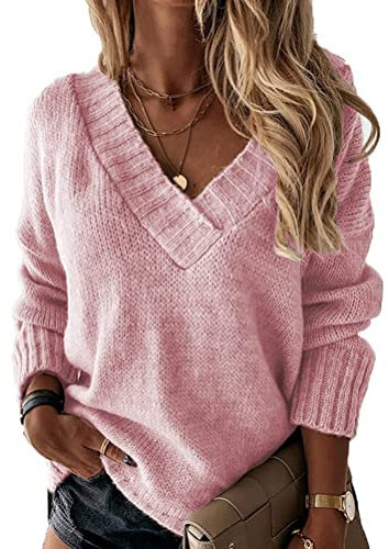 Minetom Femme Pull en Tricot Col en V Pullover Couleur Unie Léger Casual Manches Longues Pull Tricoté Chaud Hauts Chandail Automne Hiver A Rose M