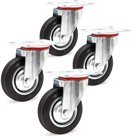 Wiltec Kit de 4 Roulettes pivotantes en caoutchouc plein – Ø 100 mm – Capacité de charge 75 kg – Roue avec Jante en métal et Plaque de montage – Transport Appareil Accessoire Meuble