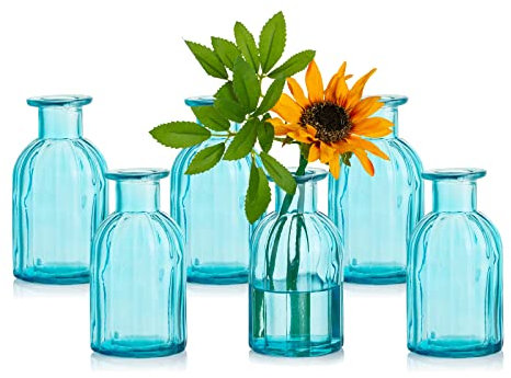 Glasseam Kleine Vasen Set Glasvase, 6 Stück Mini Blumenvase Blau Vintage Vase Glas Rund Glasvasen Flaschenvase Bunt Klein Geriffelte Tischvase Vasenset Glasflasche Deko für Hochzeit Tischdeko