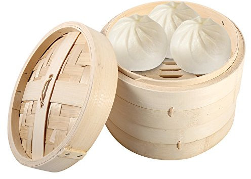 Cesta De Vapor De Bambú De 8,7 Pulgadas, 2 Niveles, Cesta China Dim Sum Con Tapa, Vaporera Para Bolas De Masa Hervida Para Dim Sum, Pollo, Pescado, Verduras, Cocina(22cm)