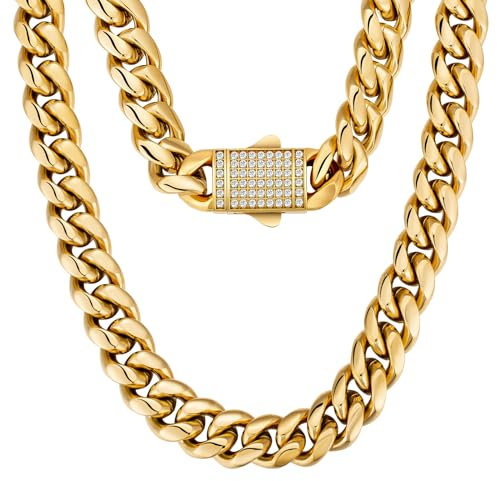 KRKC&CO 12mm Herren Panzerkette mit Iced Out Verschluss, 18K Gold plattiert Cuban Link Chain, Edelstahl Miami Kubanische Gliederkette Goldkette, Hip Hop Halskette für Männer Jungen [Größe 50,8cm]