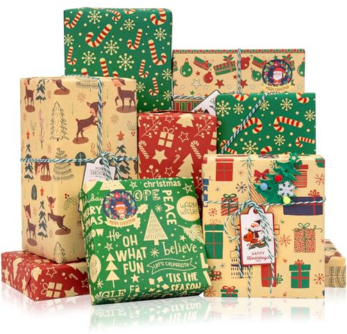 Toptime Geschenkpapier Weihnachten, 6 Blatt Weihnachtspapier mit Geschenkanhänger Aufkleber Schnur, 70x50cm Vintage Kraftpapier mit Zuckerstangen Rentier, Geschenkverpackung für Party, Neujahr