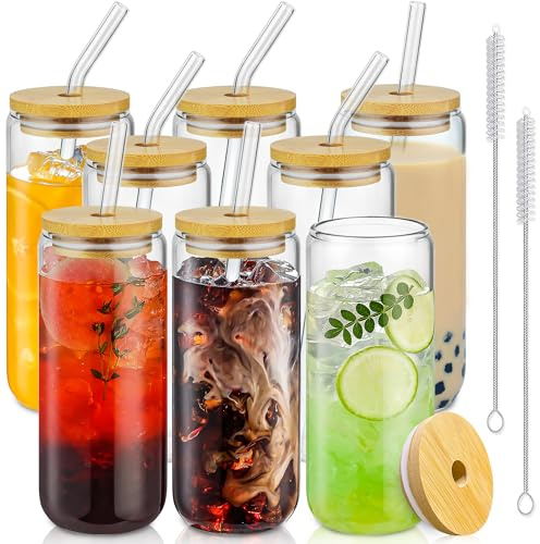 SENTVEND 20 Oz Drinking Glasses with Bamboo Lids and Glass Straw - 8 Pcs Glass Cups Beer Ice Coffee Glasses Cute Aesthetic Cup Great for Coffee Bar Accessories Include 2 Cleaning Brushes