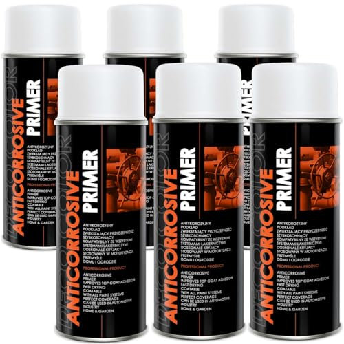 Deco Color 6 Stück ANTICORROSIVE PRIMER WEISS 400ml - Grundierung/Haftgrund für z.B. Alufelgen, KFZ, Holz, Beton (6 Dosen 400ml Grundierung Weiss)