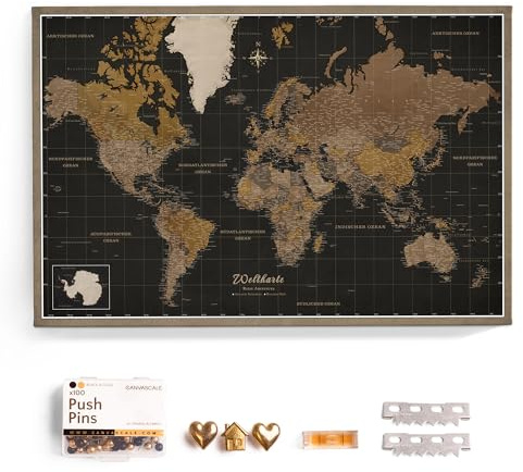 Hochwertige Canvas Weltkarte mit Kork-Pinnwand - Deutsche Beschriftung - Dekorative Wanddeko für alle Zimmer - Leinwandbilder mit Weltkarte Motiv (120x80 cm, Muster 5 Deutsch)