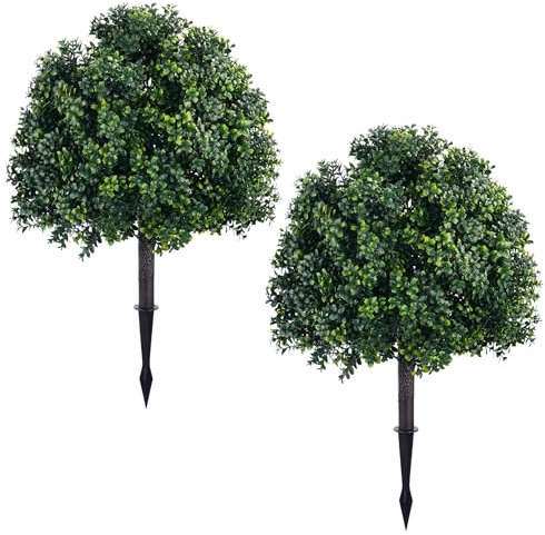 FONYICK 28 Inch Artificial Boxwood Trees, 2 Sets Faux Boxwood Topiary with Spikes, Pot Filler Fake Shrubs Plants for Outdoor Planters, Round Topiary Bush Balls Front Porch Home Garden Spring Decor
