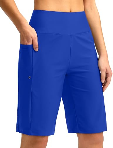 G Gradual Women's 11 Long Swim Board Shorts High Waisted Knee Length Beach Swimming Shorts for Women with Pockets Liner(Blue,L)