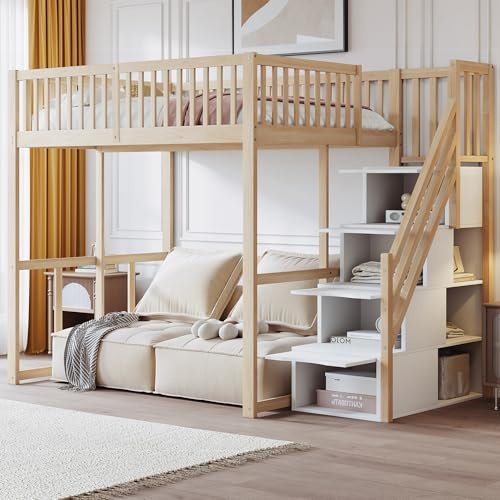 Merax Lit Mezzanine 140 x 200 cm, Multifonction Lit Enfant avec Espace de Rangement Escalier, Couleur Bois et Blanc (sans Matelas)