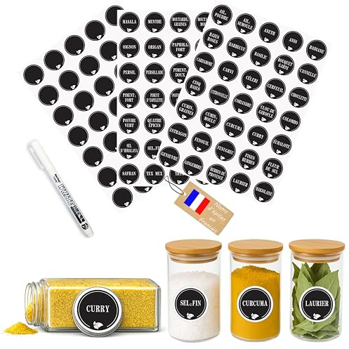 Étiquettes Épices Français Rondes – 105 Stickers Autocollants Noirs Ø38 mm – Marqueur Blanc Inclus – Pour Bocaux Cuisine, Étanches et Lisibles