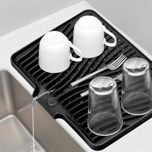 Tappetino Scolapiatti Con Scarico – 50 x 40 cm, Tappetino In Silicone Per Piatti, Senza BPA, Antiscivolo E Resistente Al Calore, Stuoia Da Lavello Per Cucina (Nero, 50_x_40 cm)