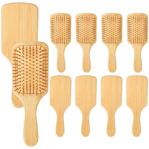 10 Pcs Bamboo Hair Brush, Bulk Round-tipped Bamboo Bristles Detangling Brush Paddle Mini Wood Hairbrushes, Lightweight Massage Anti Static for Women Men, Stimulates Scalp for Hair Growth, 9.84 × 3.4''