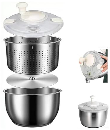 6L Stainless Steel Salad Spinner, Vegetable and Fruit Washer, Lettuce Dryer with Quick Spin and PP Lid – Multifunctional Kitchen Tool for Pasta and Fries