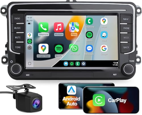 2 Din Autoradio, 7 Radio Voiture pour VW Golf, Passat, Seat, Touran, Skoda, CarPlay & Android Auto, Commandes au Volant, Écran Tactile & Boutons Physiques, EQ, FM, GPS Navigation, MirrorLink (B)