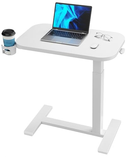 HUANUO Beistelltisch mit Rollen,Höhenverstellbarer Beistelltisch mit 70 x 40 cm große Tischplatte,Mobiler pneumatischer Kleiner Laptoptisch mit Becherhalter für Homeoffice, weiß
