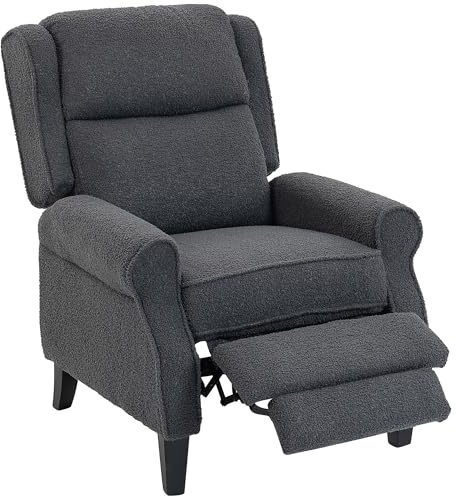 HOMCOM Recliner Armchair, Teddy Fleece Recliner Chair with Extended Leg Rest, Spring Pack, Thick Padded, for Tall People, Push Back Reclining Chair for Home, Living Room, Charcoal Grey
