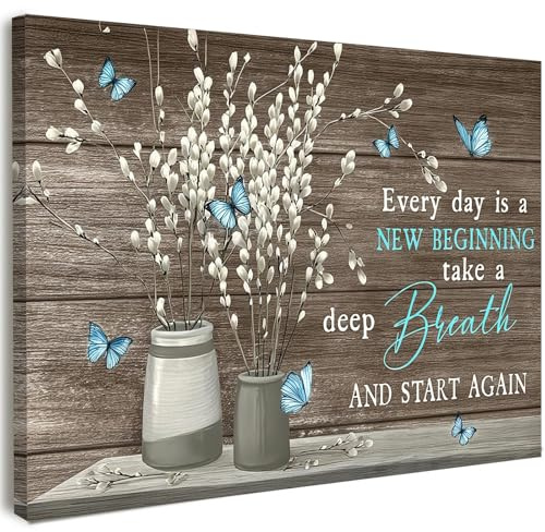 Qiukoo Canvas Wall Art Framed – Blue Butterfly Quote Artwork, Rustic Wood Background Wall Decor for Bedroom, Living Room, Hallway or Entryway Home Decoration, with Hooks and Nails, 12x16 Inch