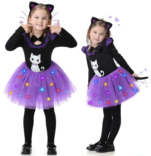 BuzzoXerex Deguisement Chat Enfant, Déguisement Carnaval Fille, 6 Pièces Costume Chat Enfant Noir avec Lumineux Tutu Danse Classique Fille, Oreilles, Queue, Nœud Papillon, Leggings pour Carnaval (L)