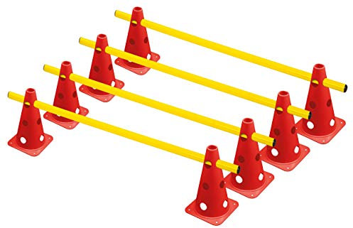 RHINOS sports Lot de 4 obstacles | 8 cônes rouges : 22,5 cm | 4 barres jaunes : 1 m