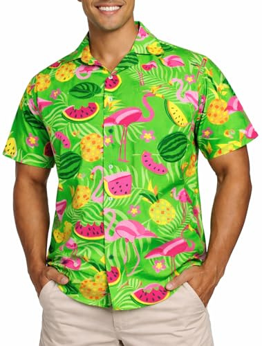 King Kameha Hawaii Hemd Männer - Funky Hawaiihemd Herren Kurzarm, Flamingo Melon, Grün, XXL