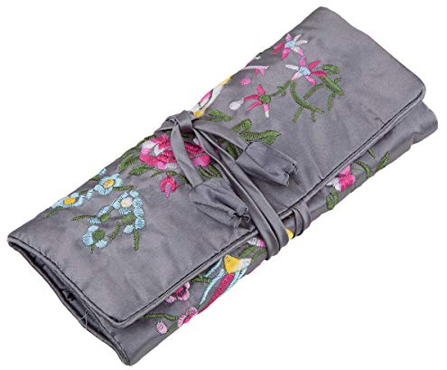 TUMBEELLUWA Embroidery Travel Jewelry Bag Roll Embroidered Flower and Bird Brocade Organizer with Tie Close, Grey