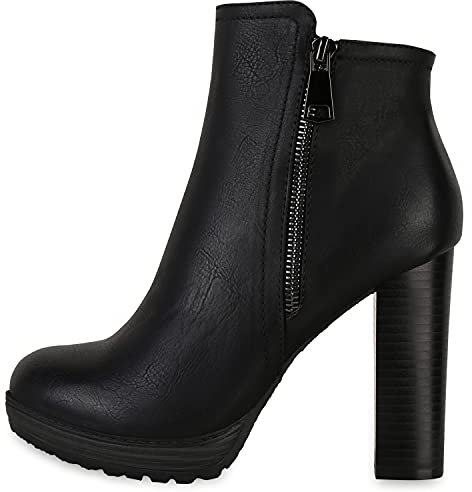 VAN HILL Damen Plateau Boots Gefütterte High Heels Stiefeletten Leder-Optik Schuhe Blockabsatz Booties Plateauschuhe Zipper 610427 Schwarz Black 39