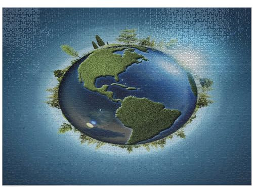ABAKUHAUS Earth Jigsaw Puzzle, Planet Covered with Blue Seas and Forest Continents Trees Greenery Nature, Heirloom-Quality Fun Activity for Family Durable Cardboard, 1000 pcs, Blue Green Pale Blue
