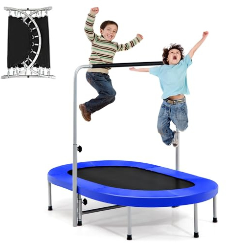 COSTWAY Cama Elástica para 2 Personas con Barra Regulable, Trampolín Fitness Plegable Ø 153 cm, Mini Trampolín para Jardín Patio Carga, hasta 150kg para Niño y Adulto (Azul)