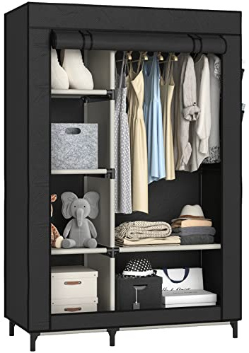 Buzowruil Canvas Wardrobe Portable Closet Wardrobe Clothes Storage with 6 Shelves and Hanging Rail,Non-Woven Fabric, Quick and Easy Assembly,Black